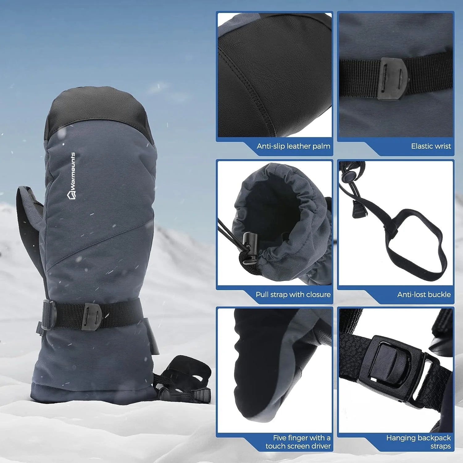 Winter Ski Mittens for Men & Women, 3M Thinsulate Touch Screen Snow Warm Ski Gloves for Adult, Waterproof Mittens for Cycling Skiing Shoveling Outdoor Sports, Grey, L