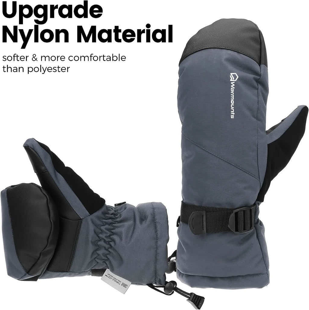 Winter Ski Mittens for Men & Women, 3M Thinsulate Touch Screen Snow Warm Ski Gloves for Adult, Waterproof Mittens for Cycling Skiing Shoveling Outdoor Sports, Grey, L