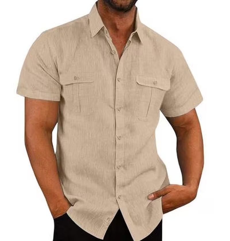 Mens Short Sleeve Classic Shirts Fishing Casual Regular-Fit Button-Up Collared Plaid Double Pocket Dress Shirt Top Tees Blouses Men Short Sleeve Shirts Button up Clearance Beach Wedding Shirt M-5XL