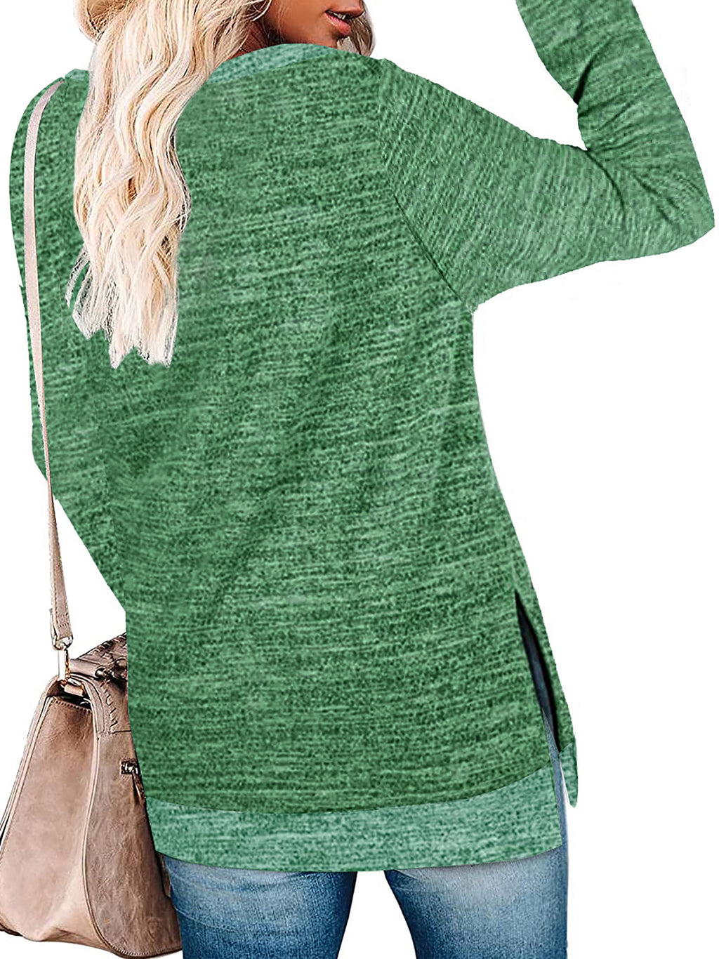 Long Sleeve Tunic Tops for Women Shirts round Neck Casual Fall Fashion Side Slit Tops Loose Fit Pullover Tops Color Block Blouse Green