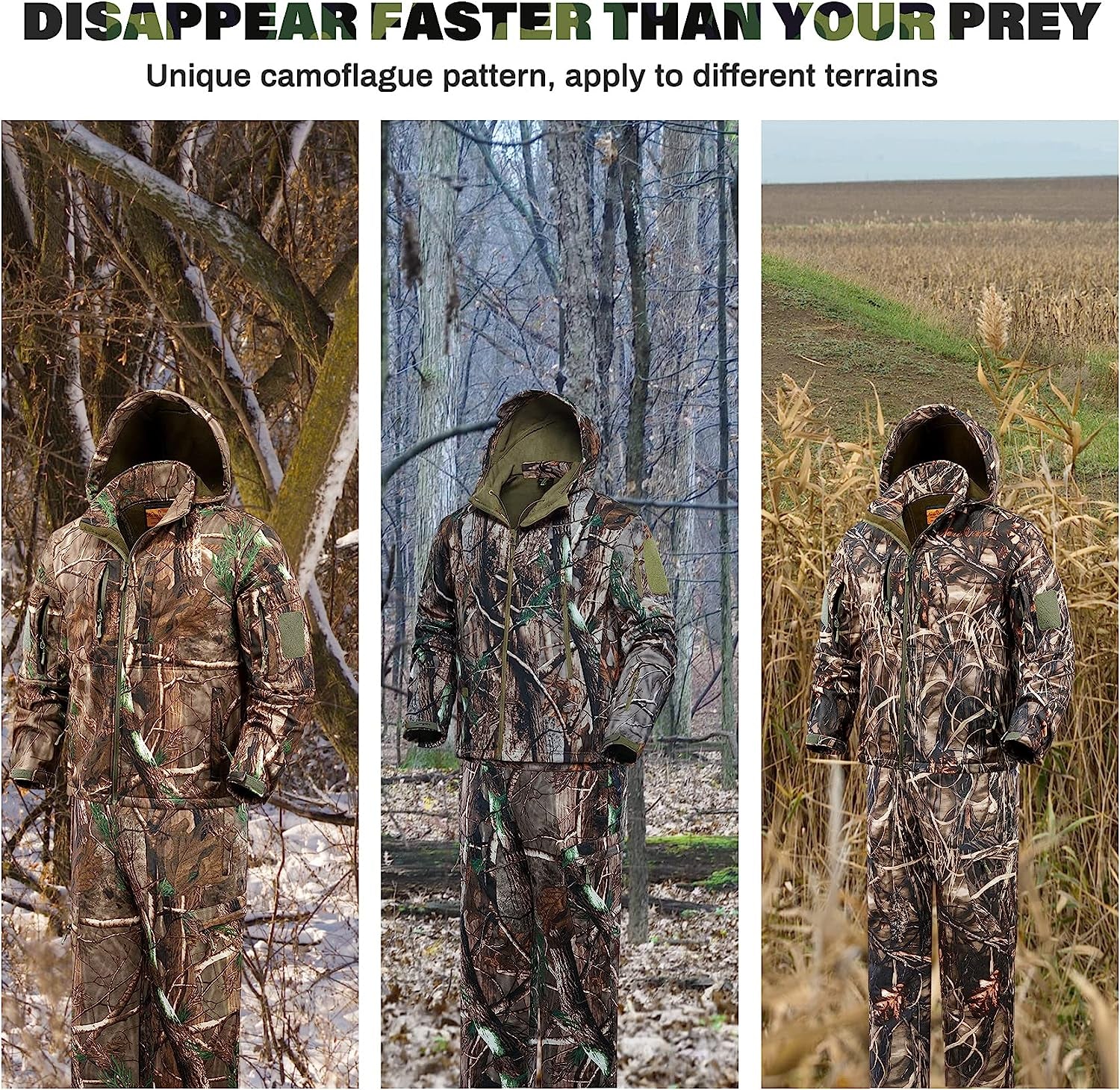 Quiet Hunting Clothes for Men, Camo Hunting Jacket and Pants, Water Resistant and Insulated