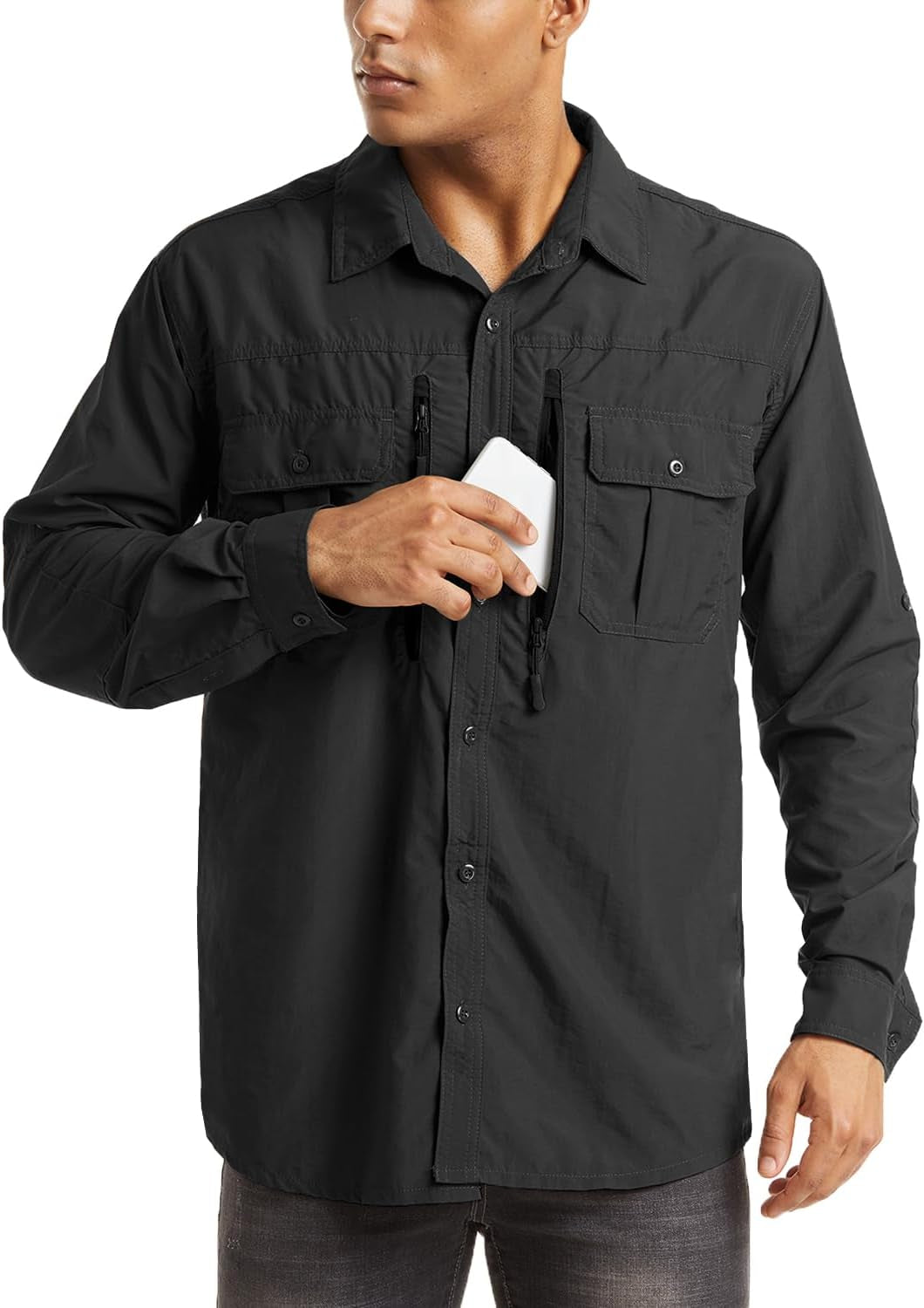 Men'S UPF 50+ Sun Protection Shirts, Button down Long Sleeve Shirt for Hiking, Fishing, Safari