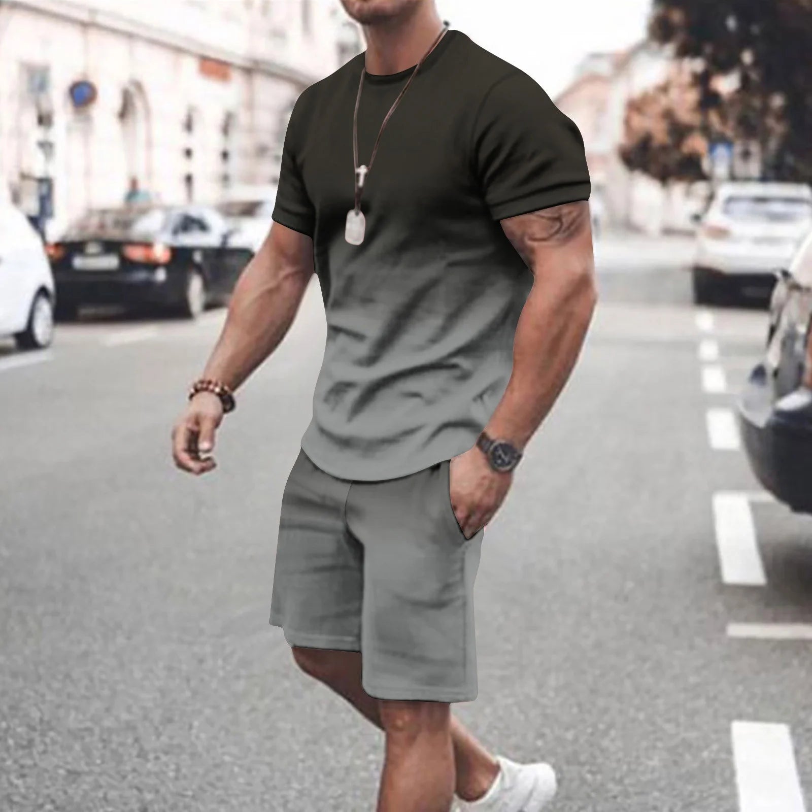 Mens Summer 2 Piece Tracksuit Gradient Color Crew Neck Pull-On Tee Tops and Double Pockets Plain Shorts Vacation Workout Shirts Sets