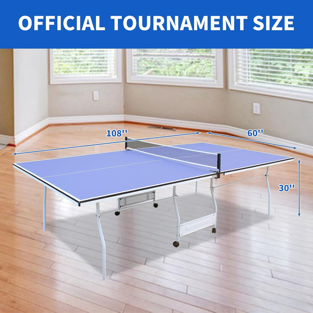 9FT Table Tennis Table, Foldable Ping Pong Table Set for Indoor Games, Portable Table Tennis Table with Net, 2 Table Tennis Paddles and 3 Balls