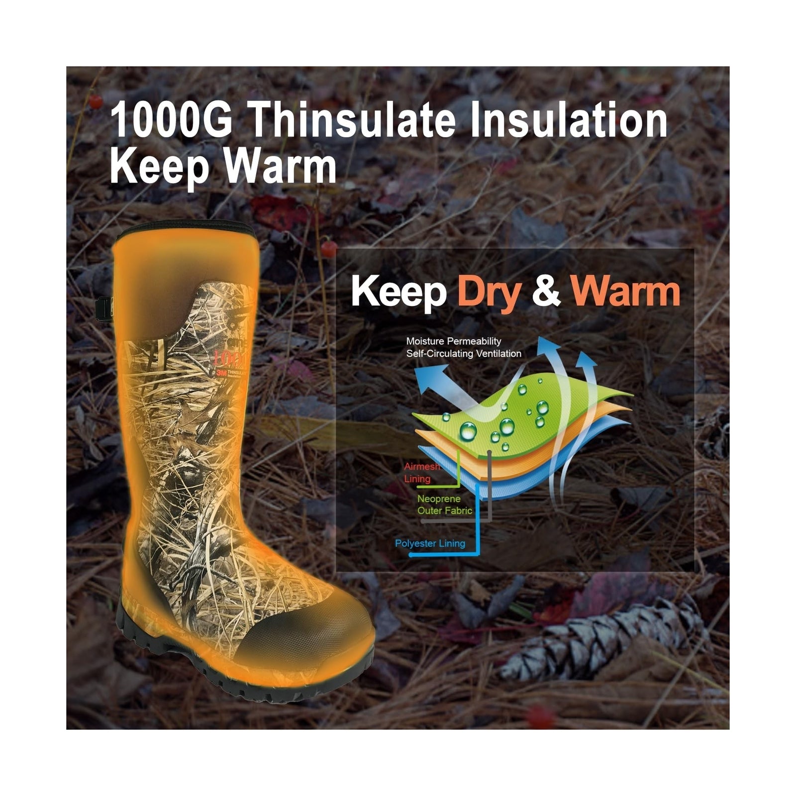 8 Fans Rubber Hunting Boots with 1000G Thinsulate Insulation,Nex