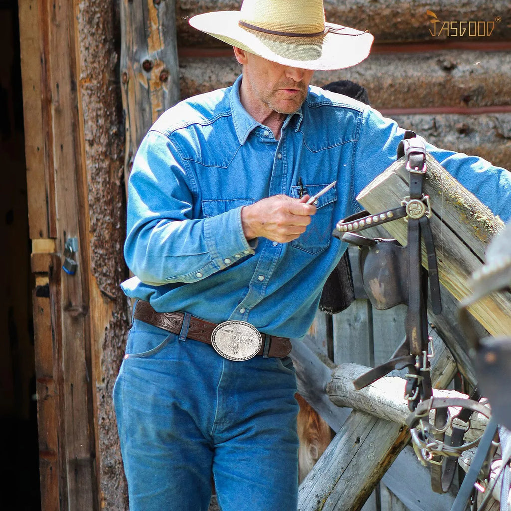 Western Belts for Men Floral Engraved Leather Belts with Cowboy Longhorn Bull Buckle