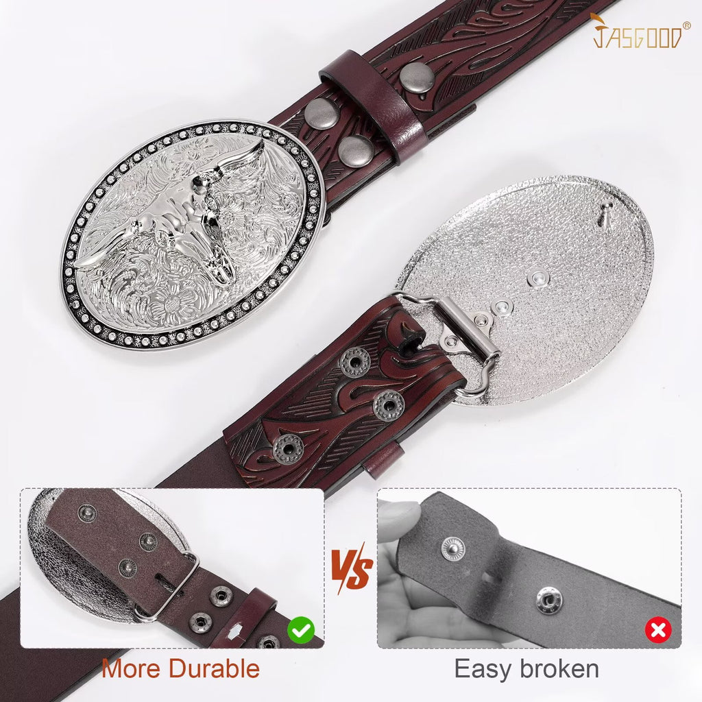 Western Belts for Men Floral Engraved Leather Belts with Cowboy Longhorn Bull Buckle