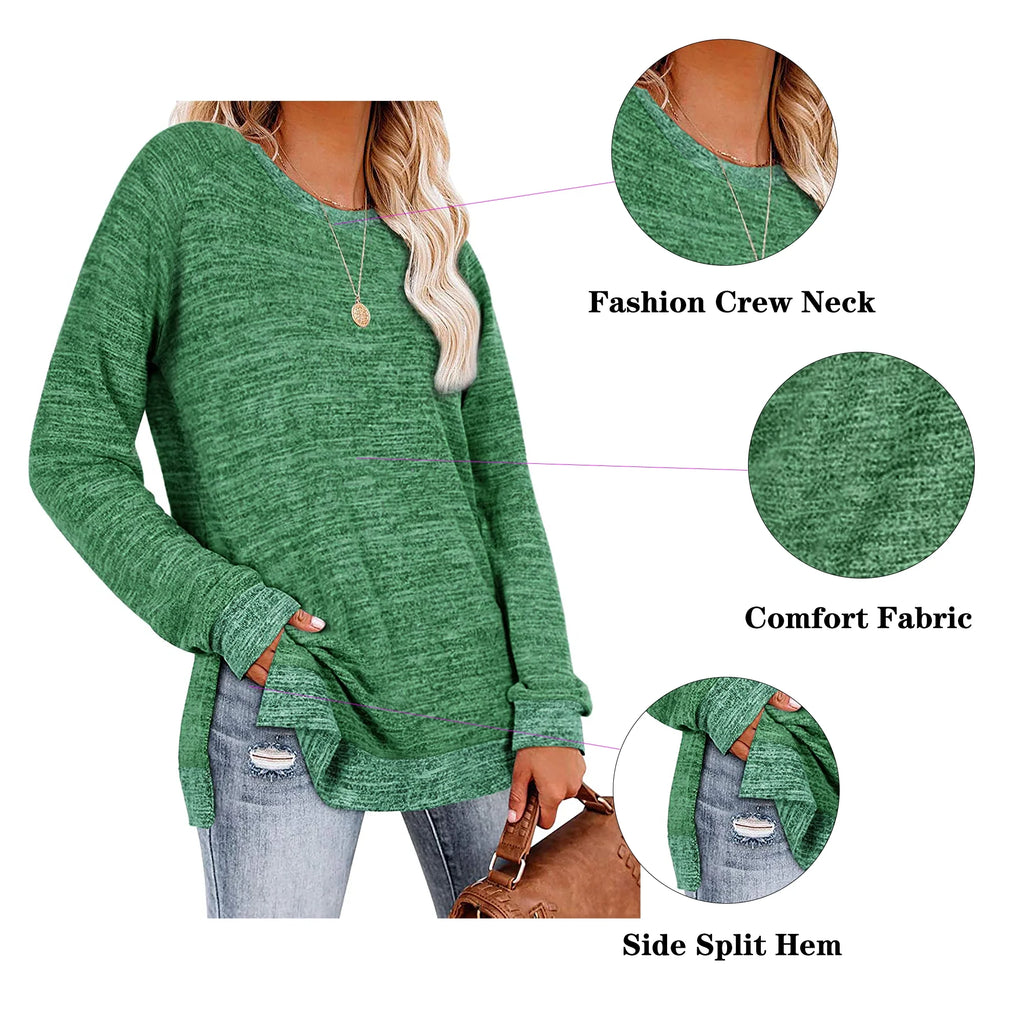 Long Sleeve Tunic Tops for Women Shirts round Neck Casual Fall Fashion Side Slit Tops Loose Fit Pullover Tops Color Block Blouse Green