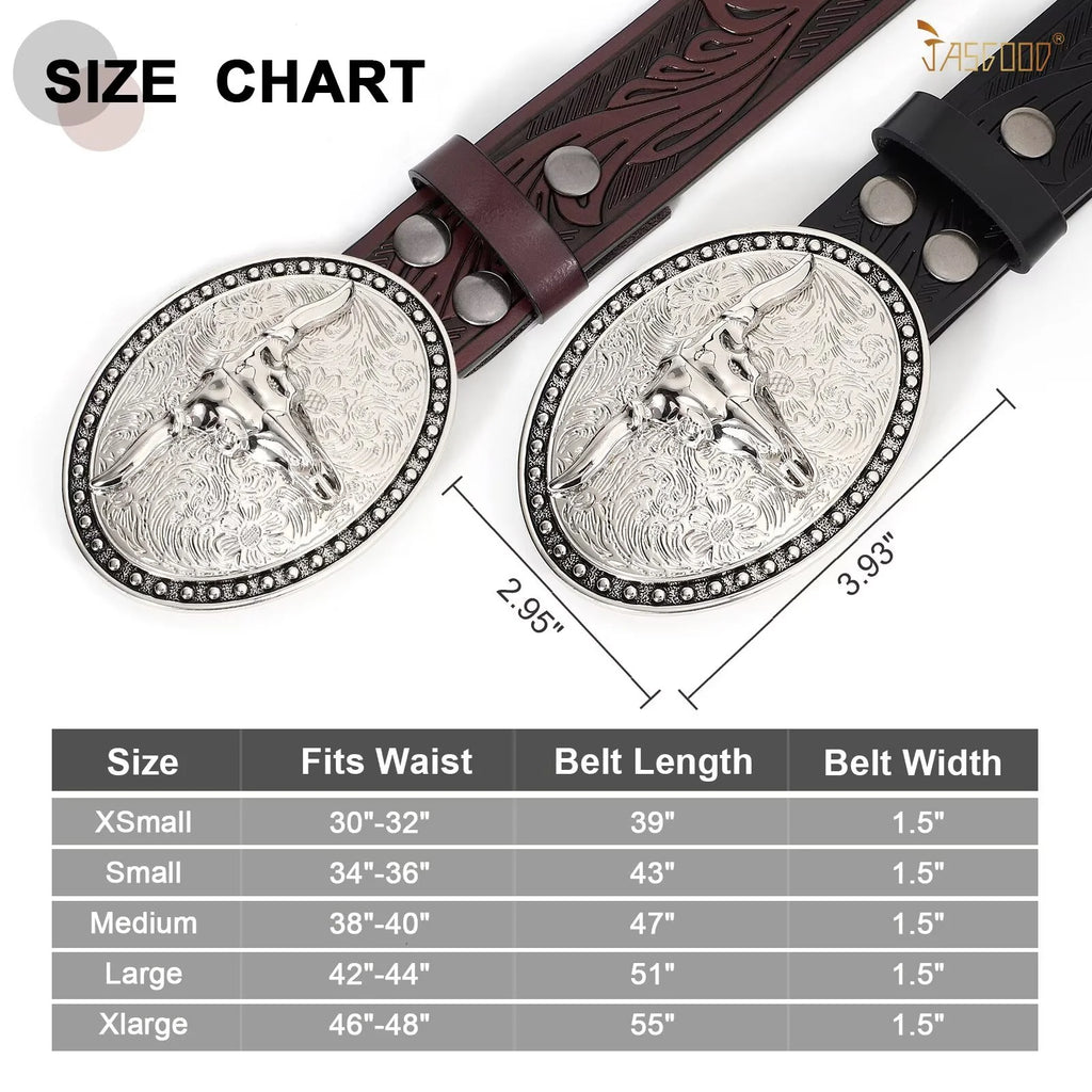 Western Belts for Men Floral Engraved Leather Belts with Cowboy Longhorn Bull Buckle