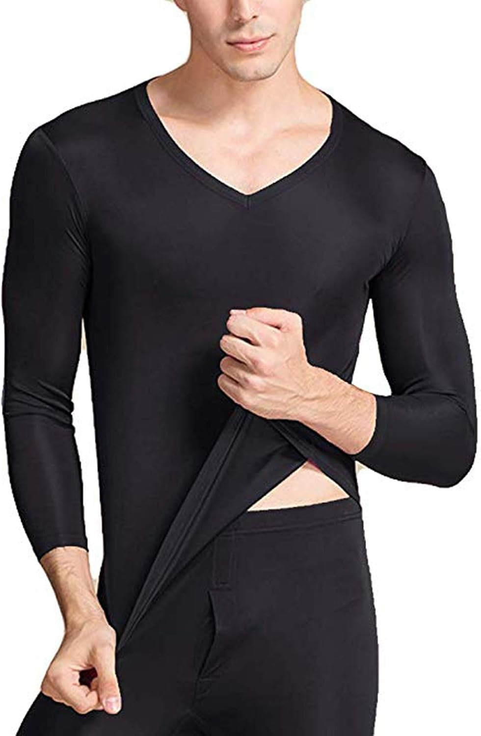 Men'S Silk Long Johns Mulberry Silk Long Underwear V-Neck Breathable Thermal Underwear Sets & Undergarments