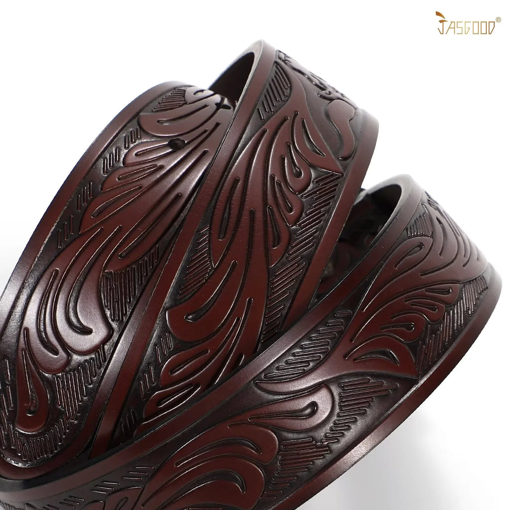 Western Belts for Men Floral Engraved Leather Belts with Cowboy Longhorn Bull Buckle