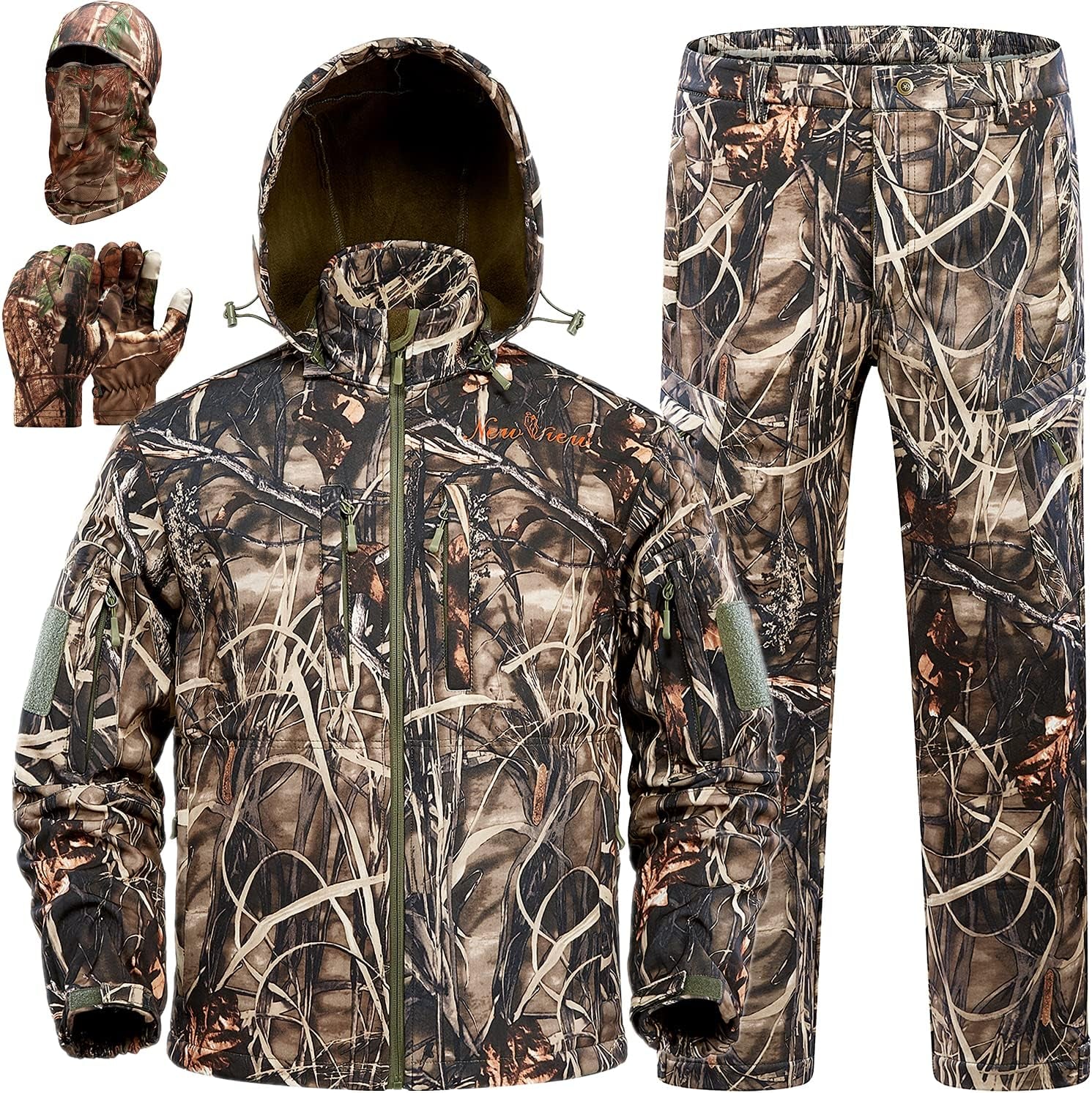 Quiet Hunting Clothes for Men, Camo Hunting Jacket and Pants, Water Resistant and Insulated