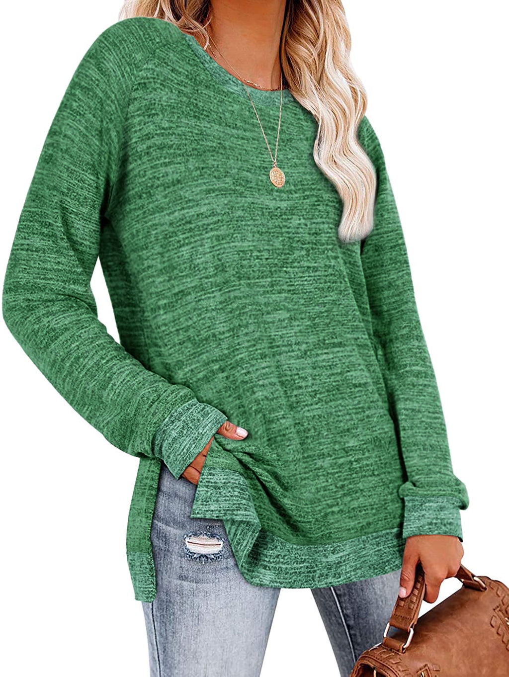 Long Sleeve Tunic Tops for Women Shirts round Neck Casual Fall Fashion Side Slit Tops Loose Fit Pullover Tops Color Block Blouse Green