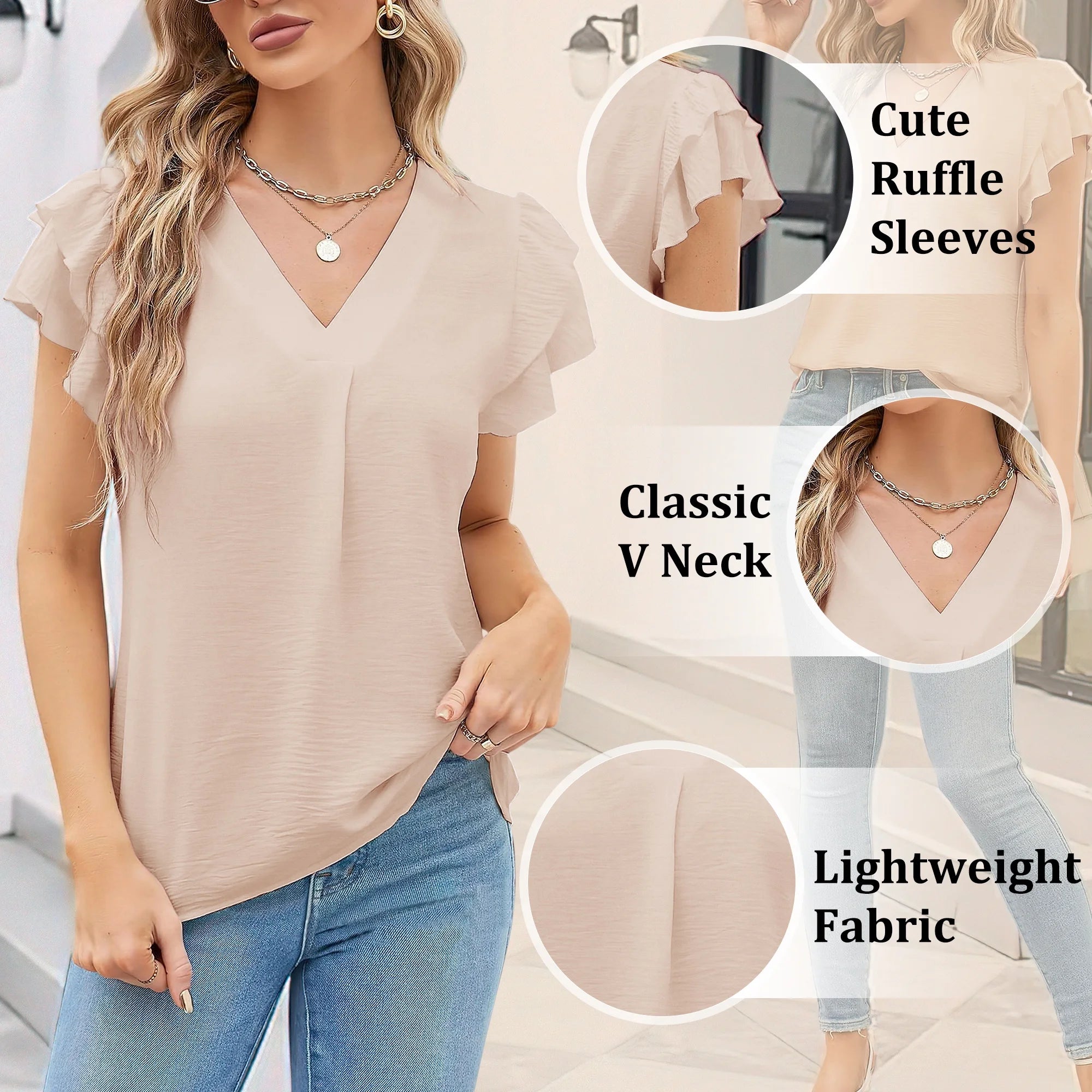 Dressy Blouse for Women Summer Petal Short Sleeve Classic V Neck Business Lightweight Soft Tunic Beige Shirts Size XL