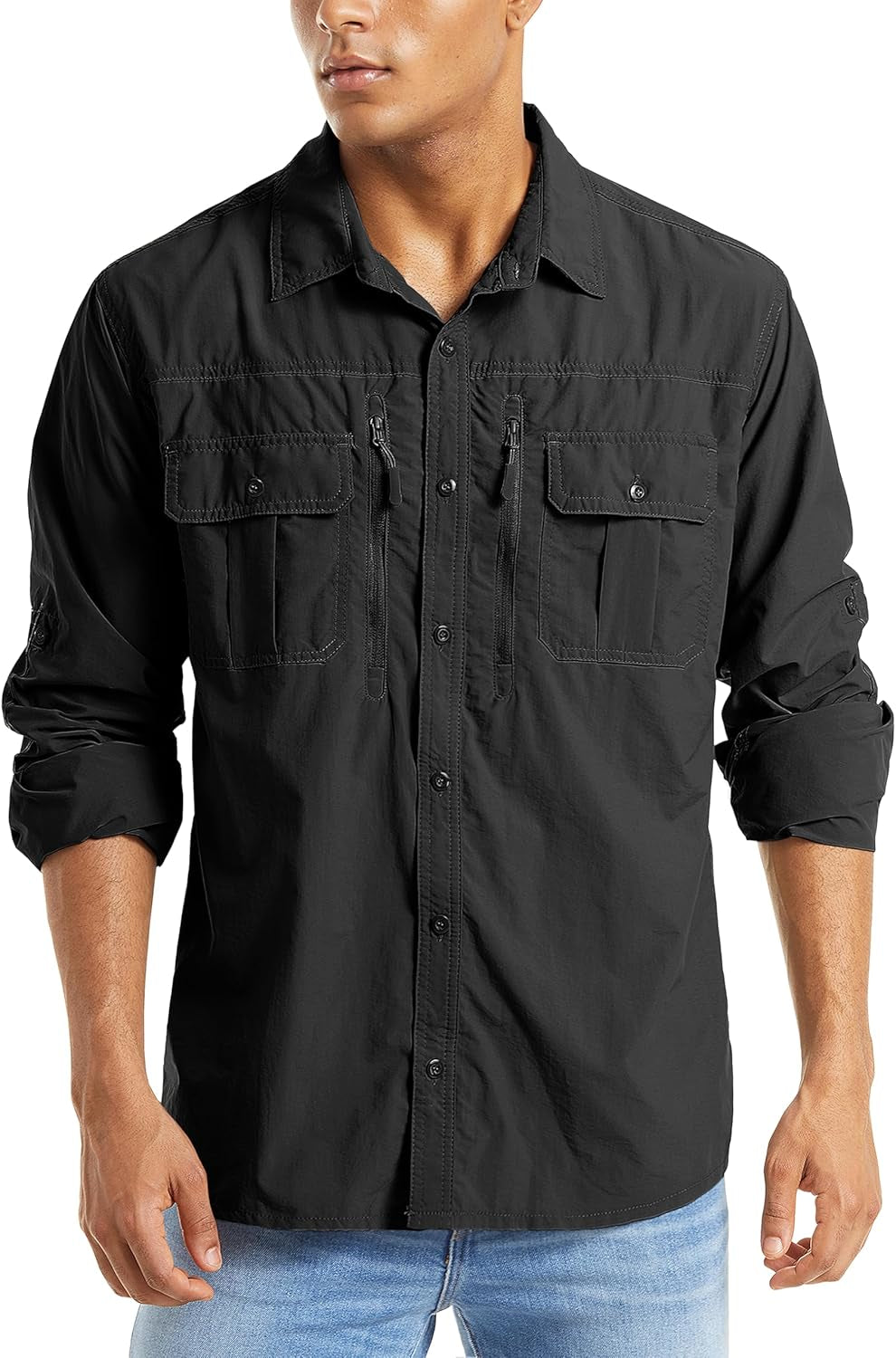 Men'S UPF 50+ Sun Protection Shirts, Button down Long Sleeve Shirt for Hiking, Fishing, Safari