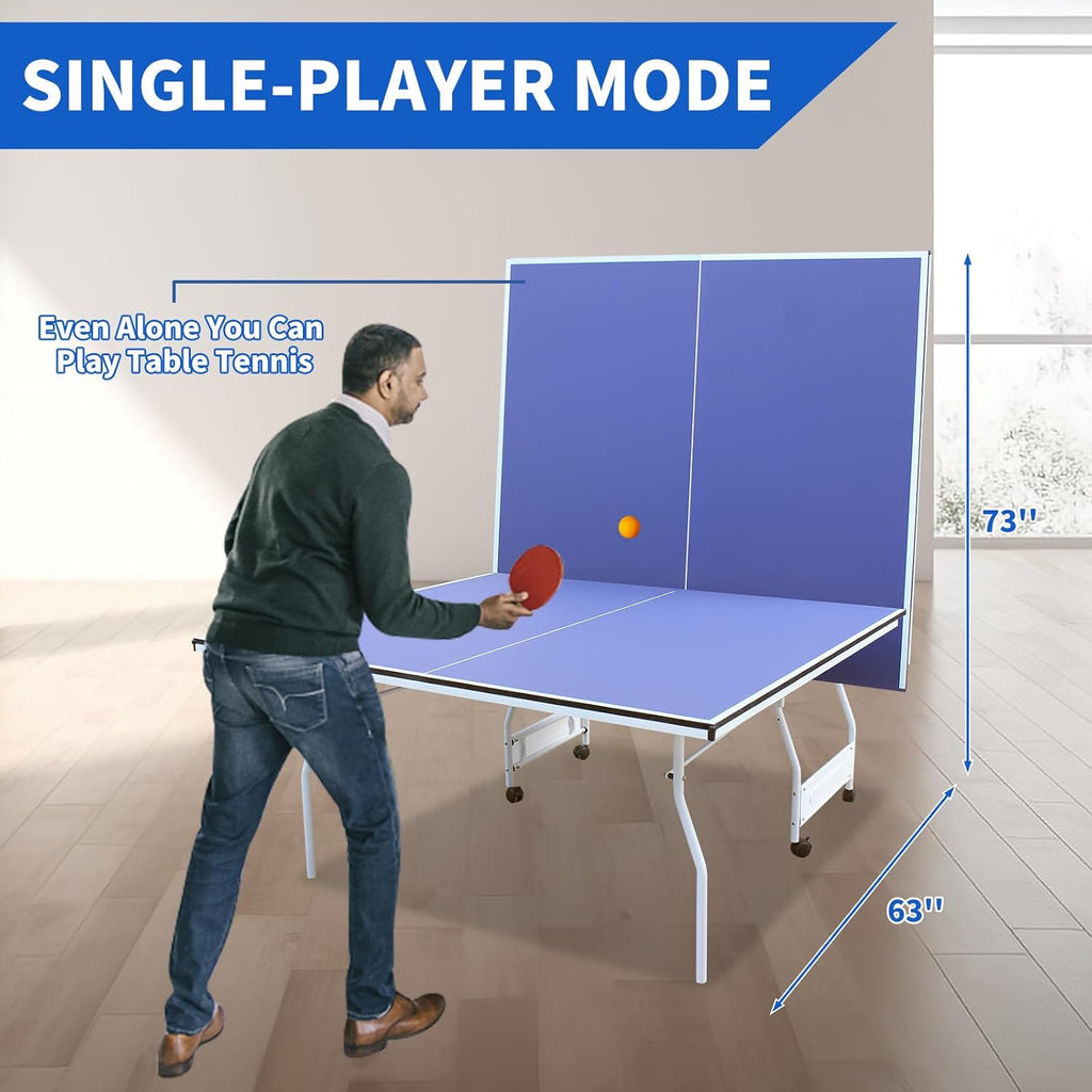 9FT Table Tennis Table, Foldable Ping Pong Table Set for Indoor Games, Portable Table Tennis Table with Net, 2 Table Tennis Paddles and 3 Balls