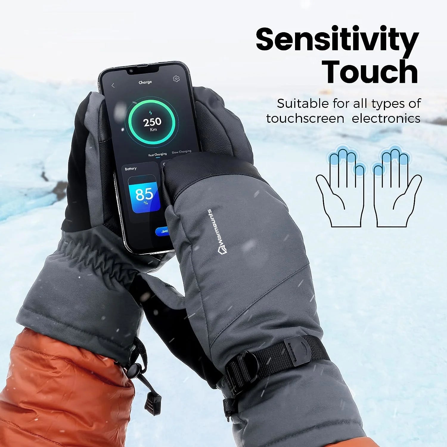 Winter Ski Mittens for Men & Women, 3M Thinsulate Touch Screen Snow Warm Ski Gloves for Adult, Waterproof Mittens for Cycling Skiing Shoveling Outdoor Sports, Grey, L