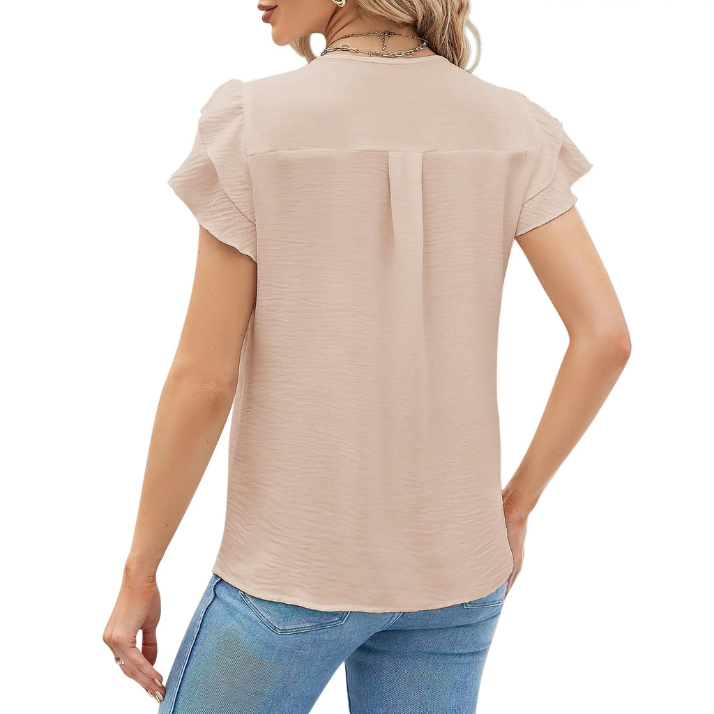 Dressy Blouse for Women Summer Petal Short Sleeve Classic V Neck Business Lightweight Soft Tunic Beige Shirts Size XL