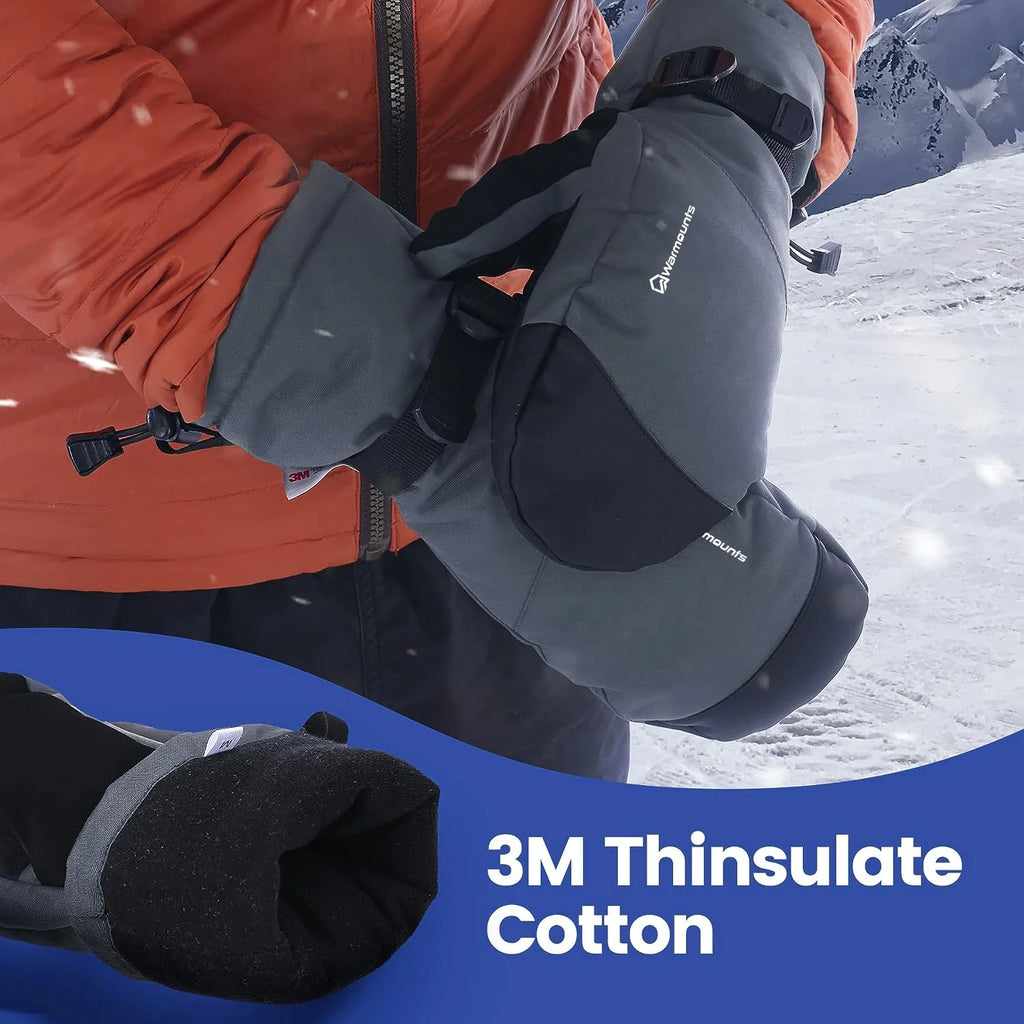 Winter Ski Mittens for Men & Women, 3M Thinsulate Touch Screen Snow Warm Ski Gloves for Adult, Waterproof Mittens for Cycling Skiing Shoveling Outdoor Sports, Grey, L