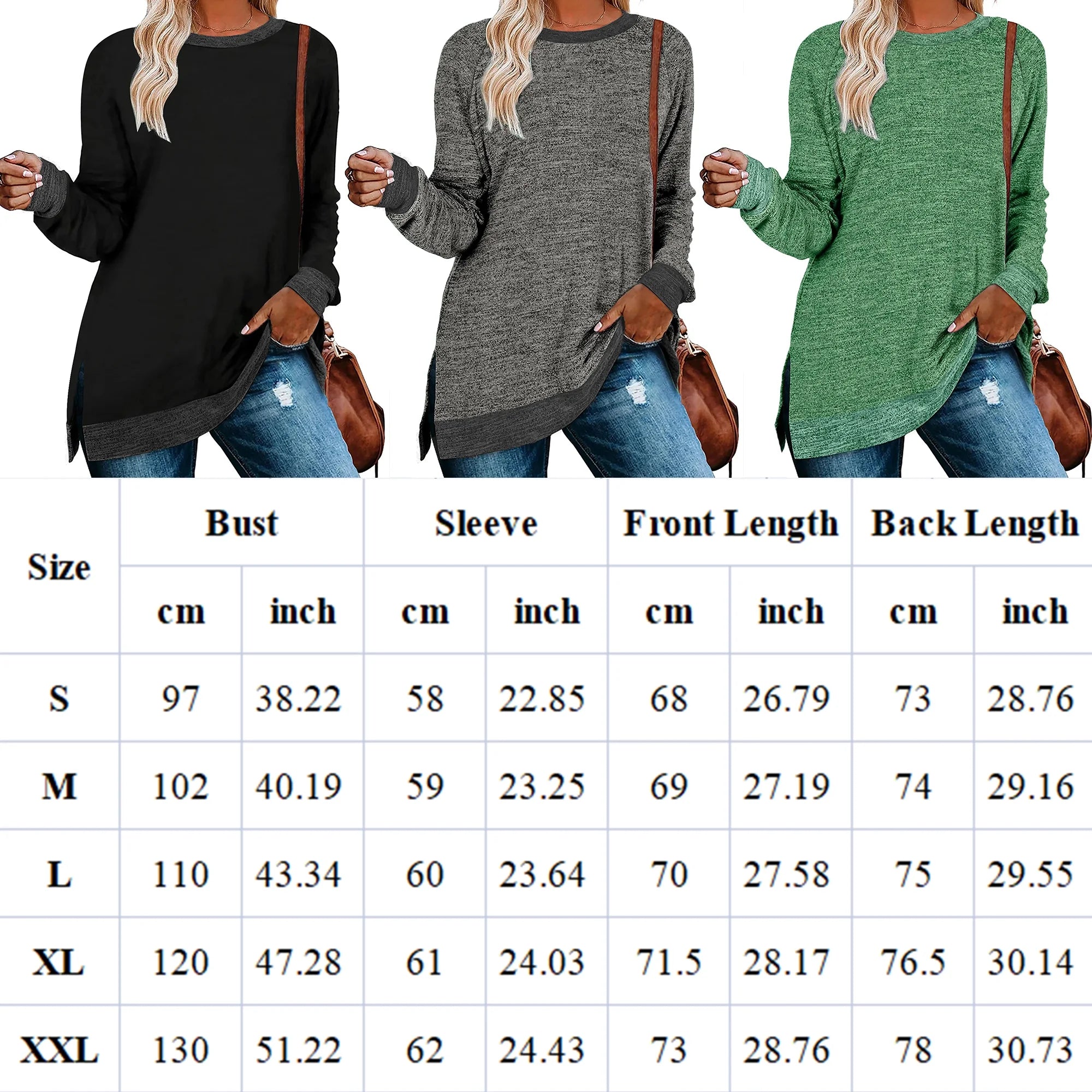 Long Sleeve Tunic Tops for Women Shirts round Neck Casual Fall Fashion Side Slit Tops Loose Fit Pullover Tops Color Block Blouse Green