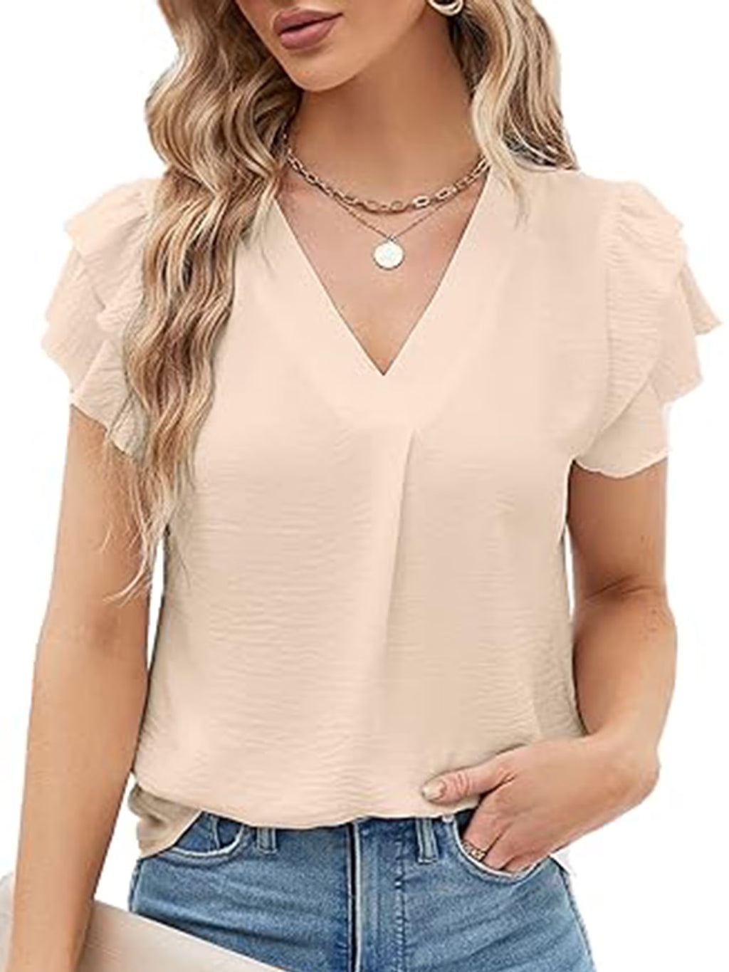 Dressy Blouse for Women Summer Petal Short Sleeve Classic V Neck Business Lightweight Soft Tunic Beige Shirts Size XL