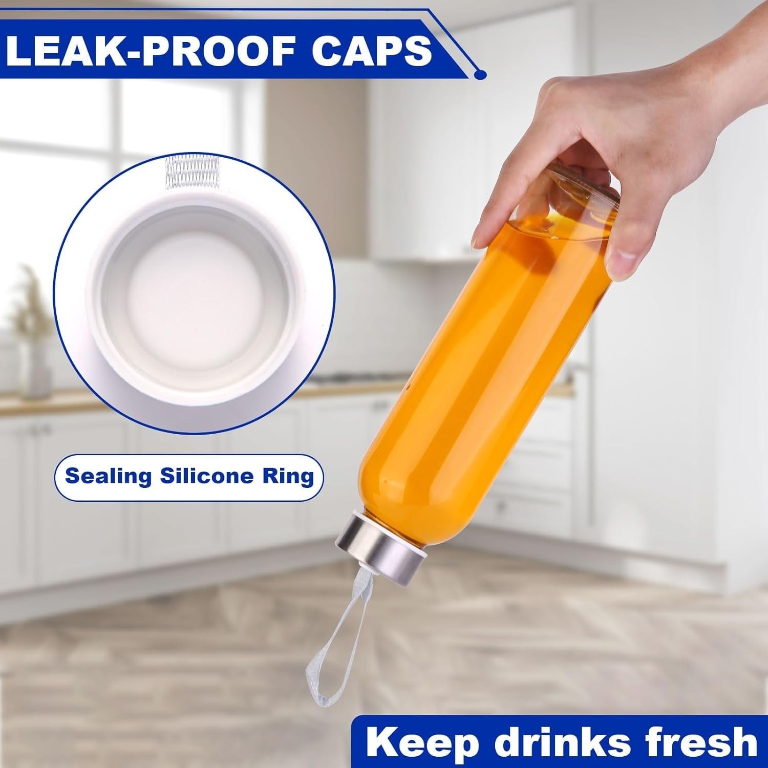 3 Packs Glass Water Bottles with Lid Clear Juice Bottles Reusable Bottle