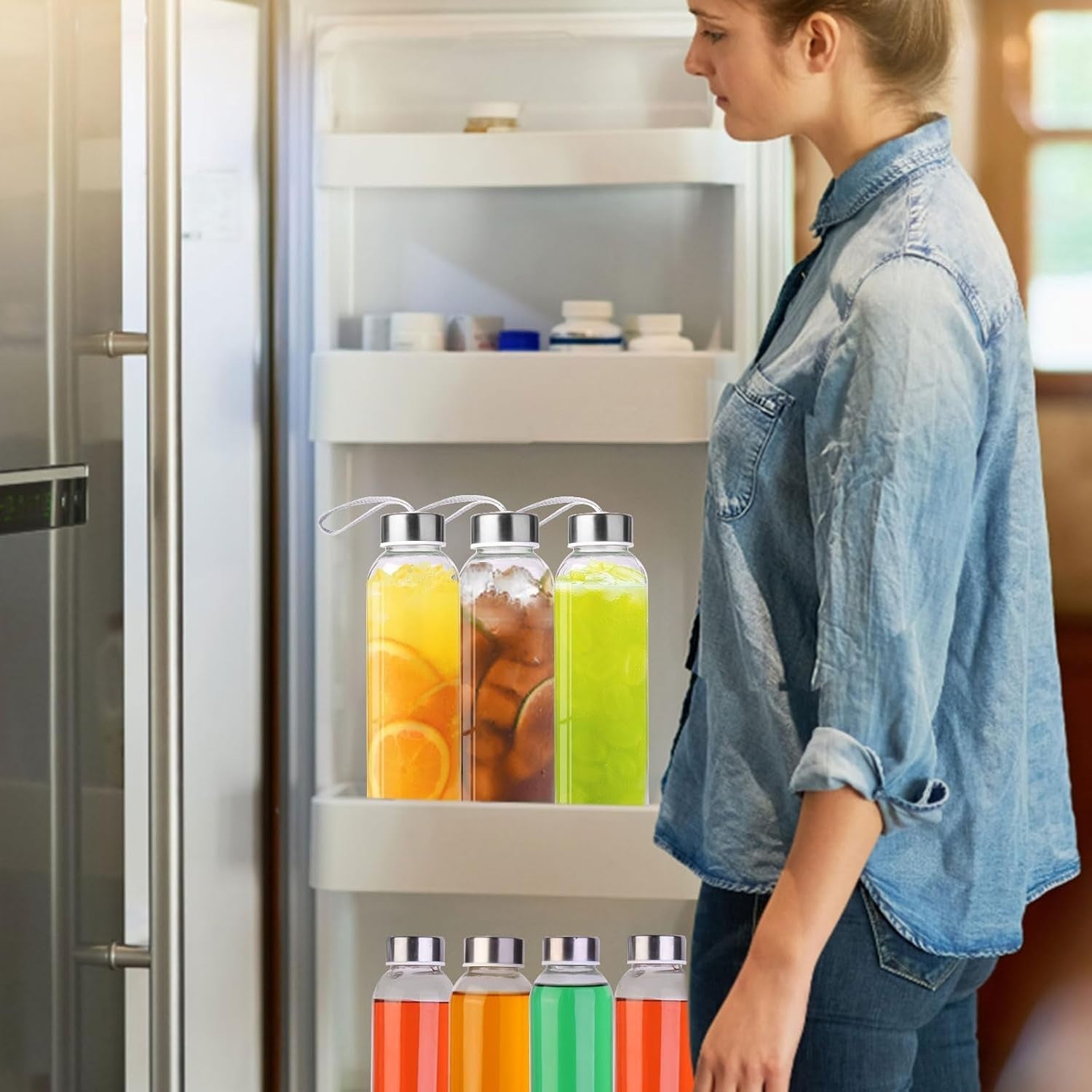 3 Packs Glass Water Bottles with Lid Clear Juice Bottles Reusable Bottle