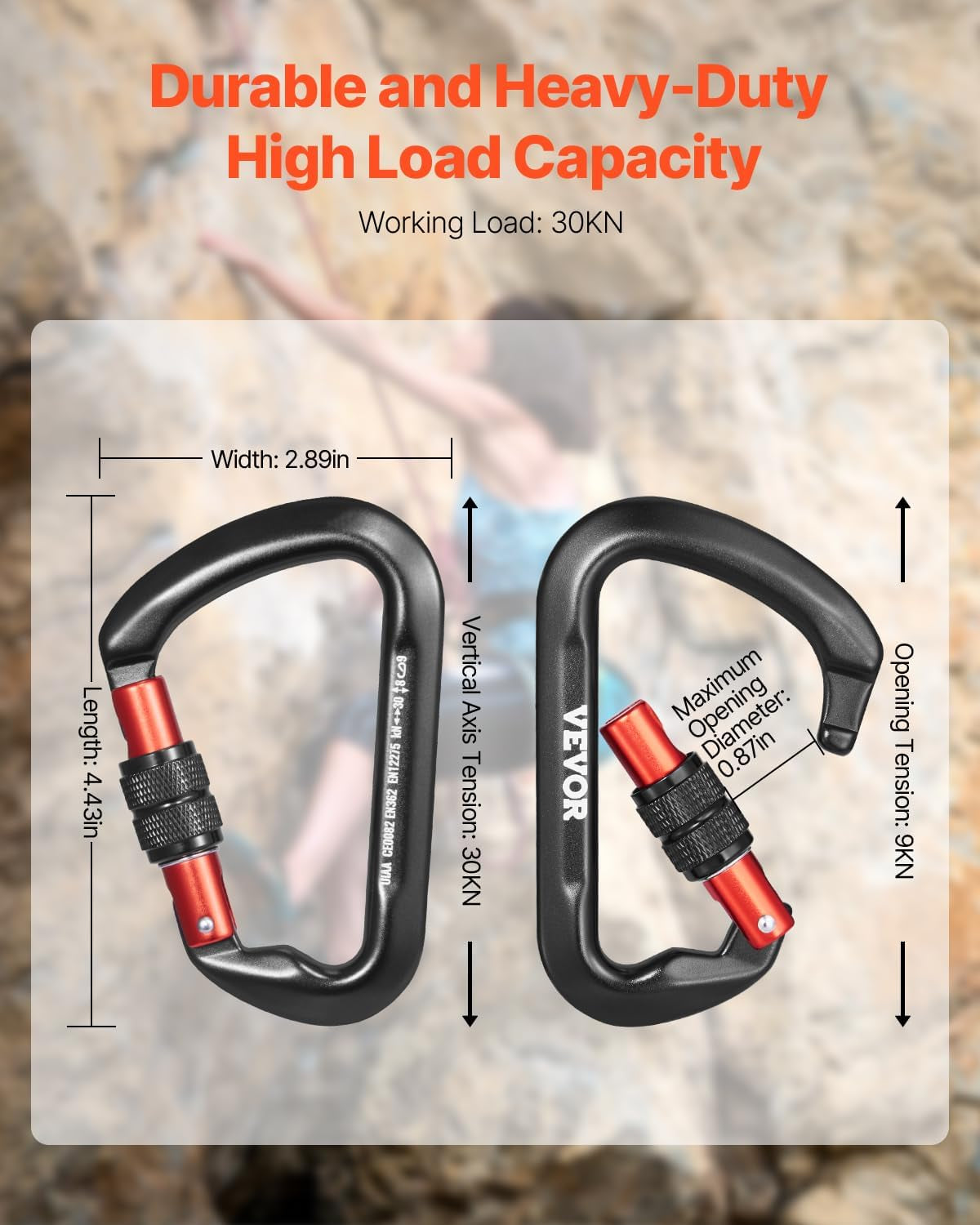 Climbing Carabiner Clips, 3 PCS Heavy Duty Carabiner, Professional 30Kn(6744Lbs)