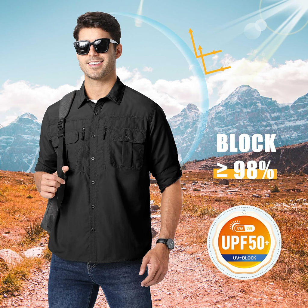 Men'S UPF 50+ Sun Protection Shirts, Button down Long Sleeve Shirt for Hiking, Fishing, Safari