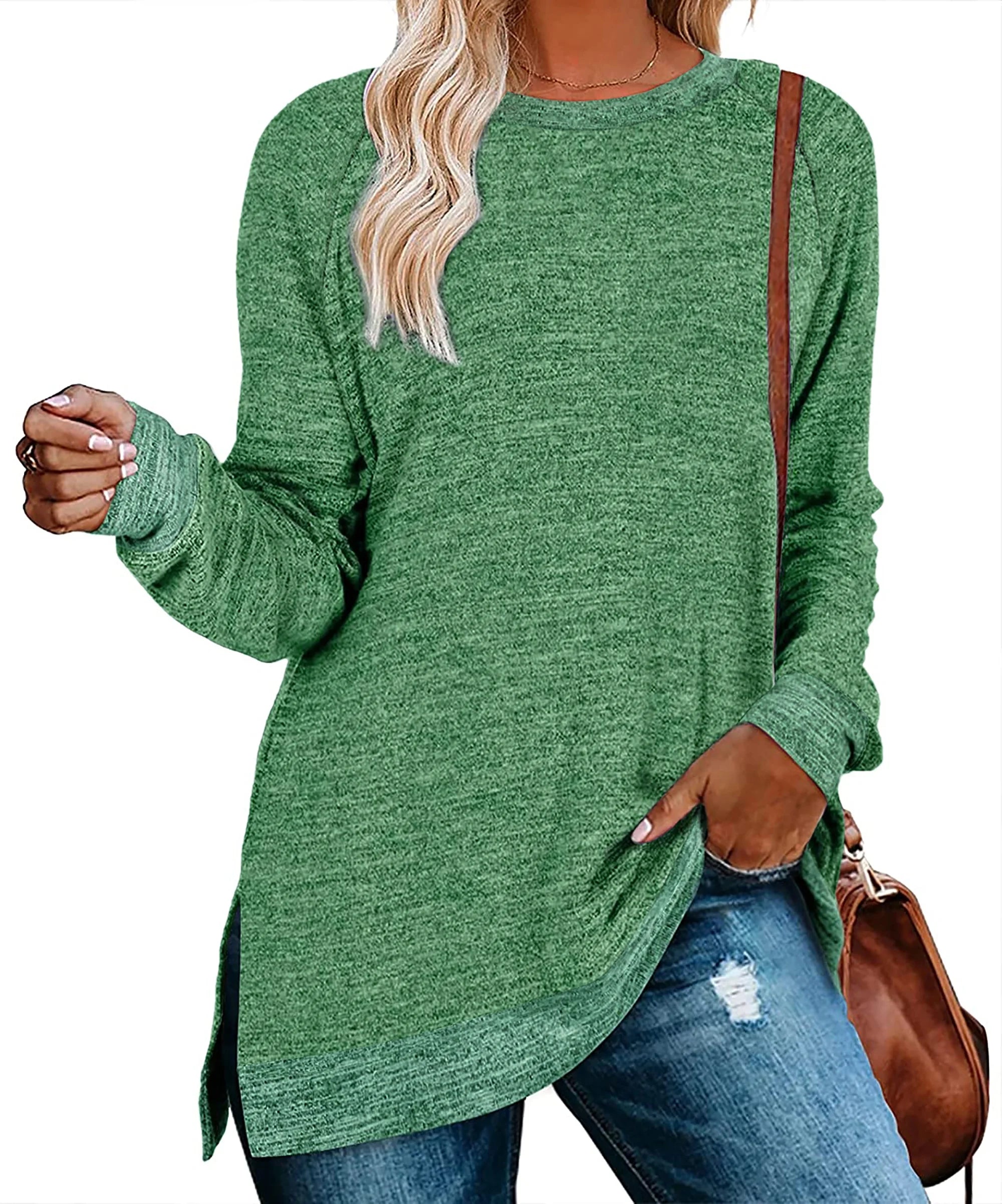 Long Sleeve Tunic Tops for Women Shirts round Neck Casual Fall Fashion Side Slit Tops Loose Fit Pullover Tops Color Block Blouse Green