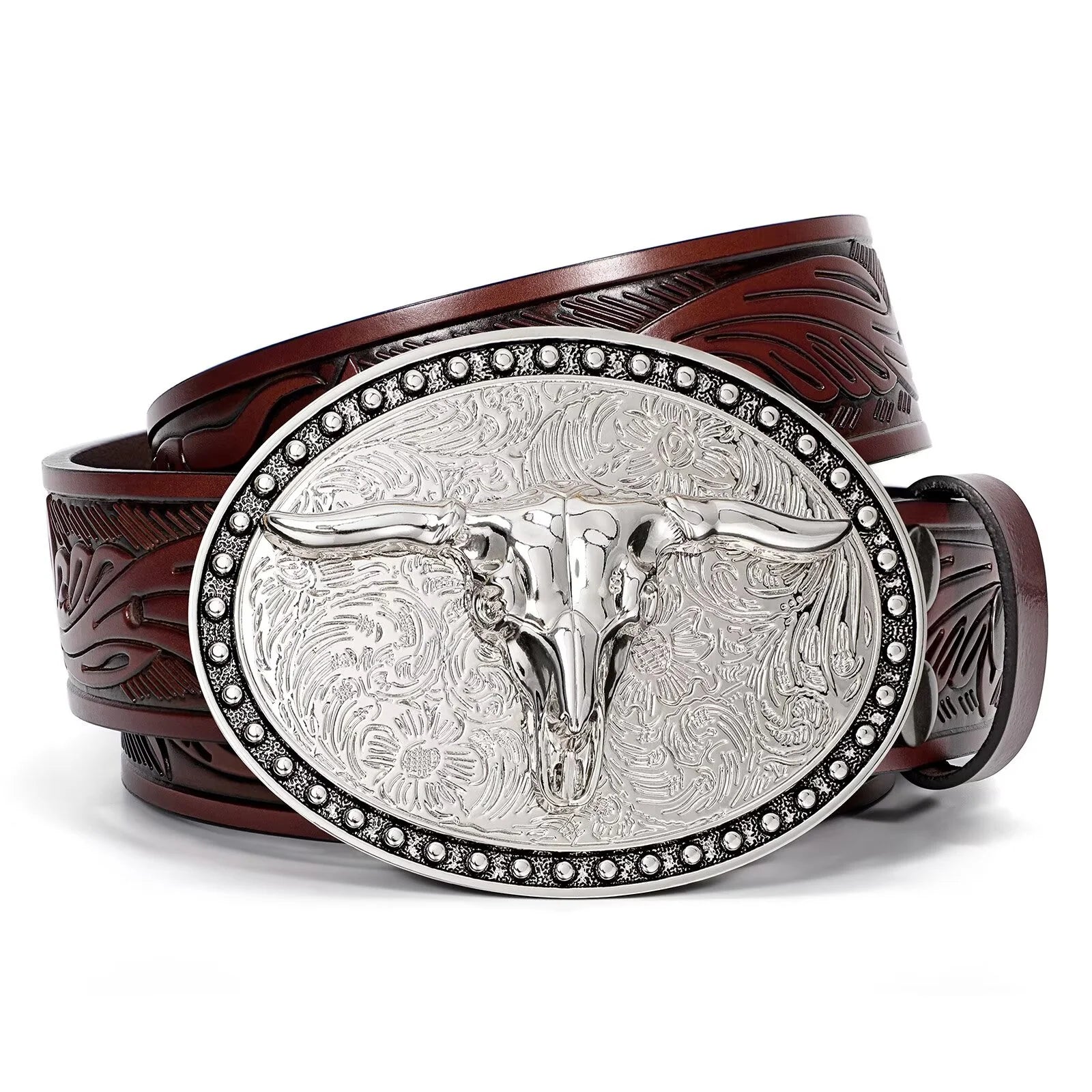 Western Belts for Men Floral Engraved Leather Belts with Cowboy Longhorn Bull Buckle