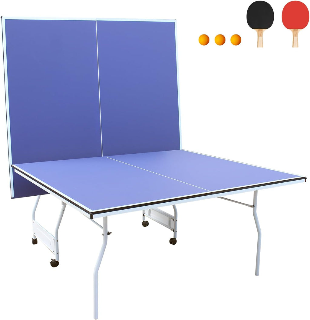 9FT Table Tennis Table, Foldable Ping Pong Table Set for Indoor Games, Portable Table Tennis Table with Net, 2 Table Tennis Paddles and 3 Balls
