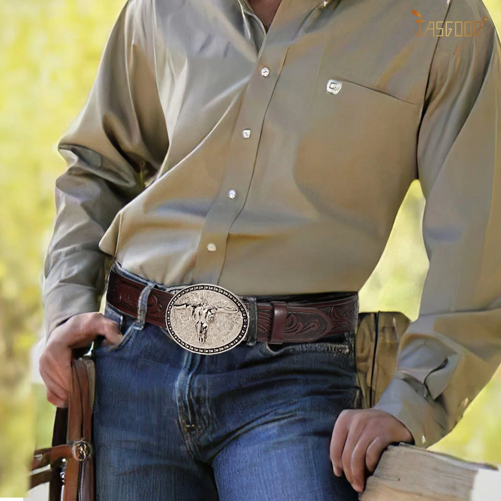 Western Belts for Men Floral Engraved Leather Belts with Cowboy Longhorn Bull Buckle
